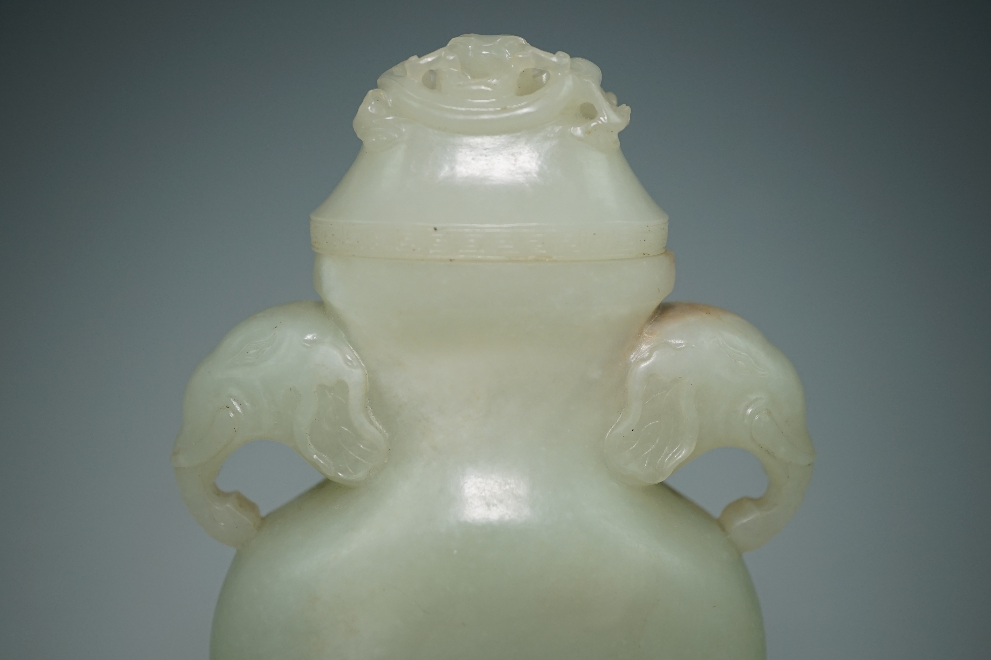 A Chinese pale celadon jade flask-form vase and cover, Qianlong/Jiaqing period, c.1780-1820